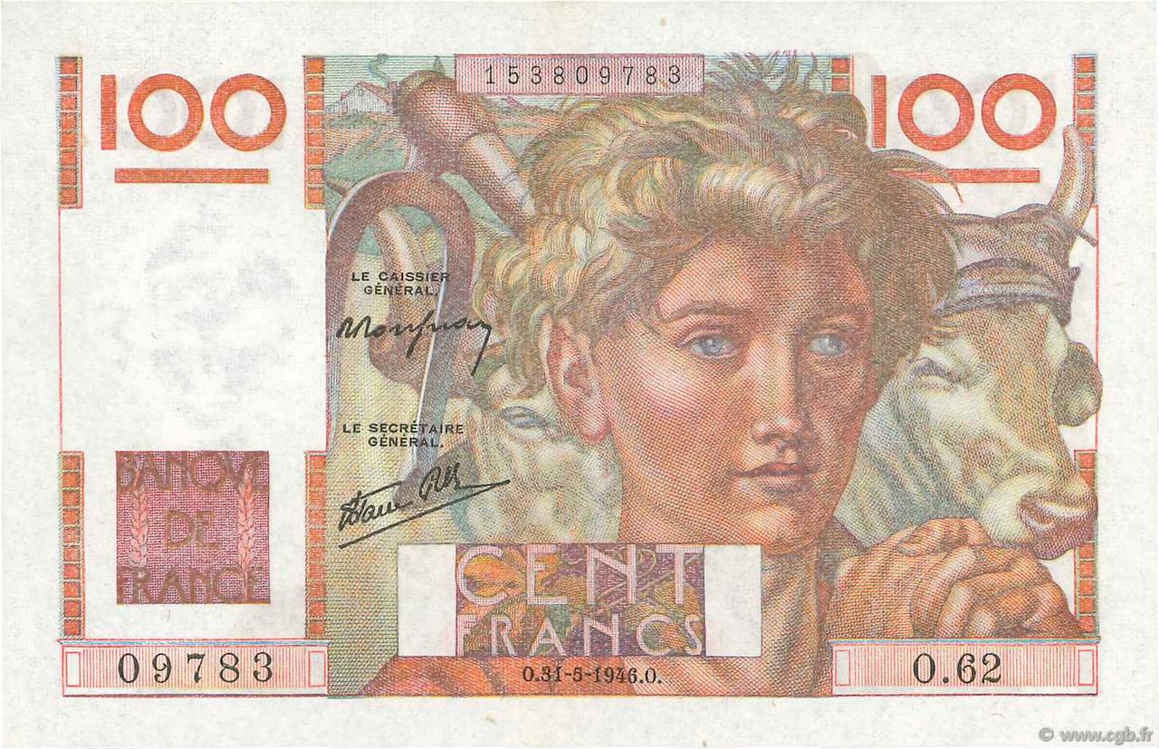 100 Francs JEUNE PAYSAN FRANKREICH  1946 F.28.05 fST+