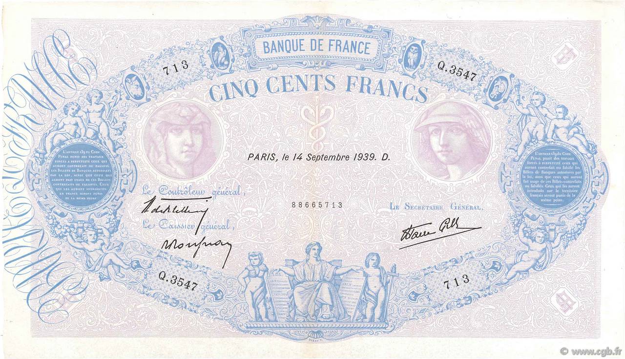 500 Francs BLEU ET ROSE modifié FRANCE  1939 F.31.39 TTB+