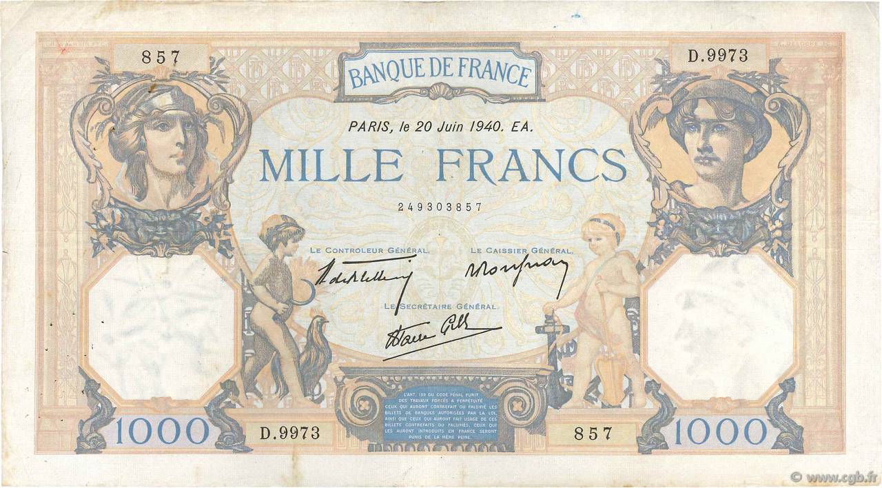 1000 Francs CÉRÈS ET MERCURE type modifié FRANCIA  1940 F.38.49 BC