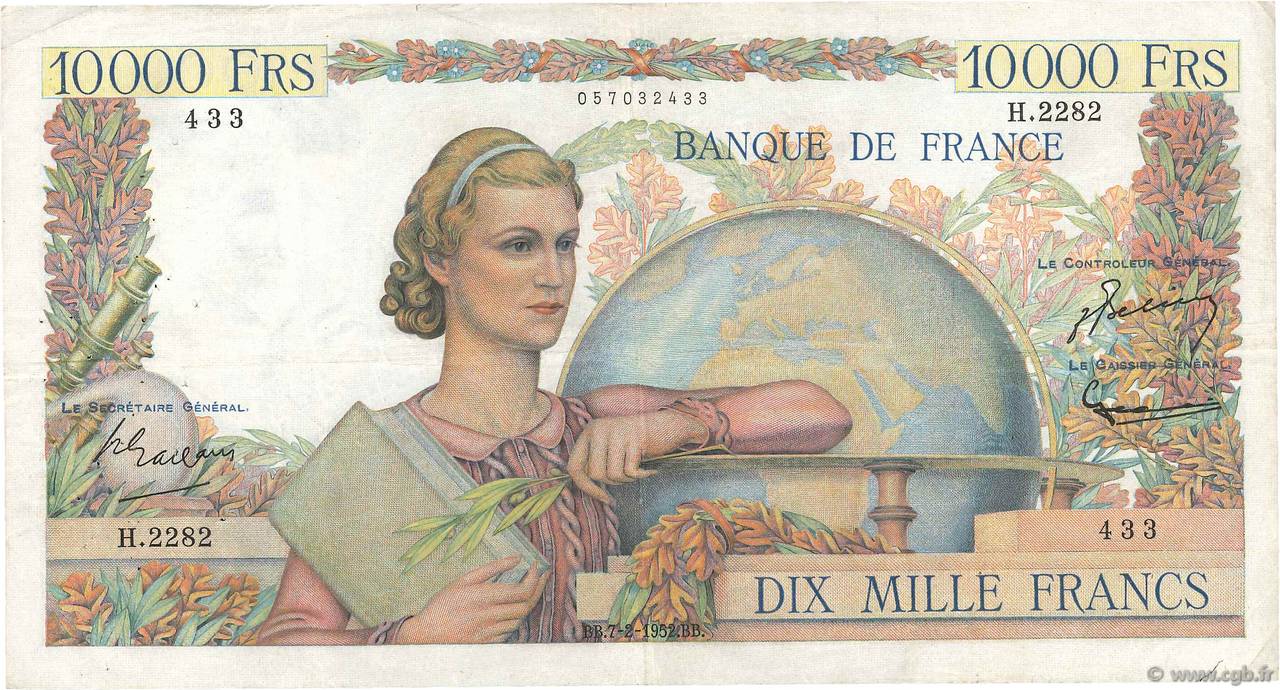 10000 Francs GÉNIE FRANÇAIS FRANCIA  1952 F.50.56 BC