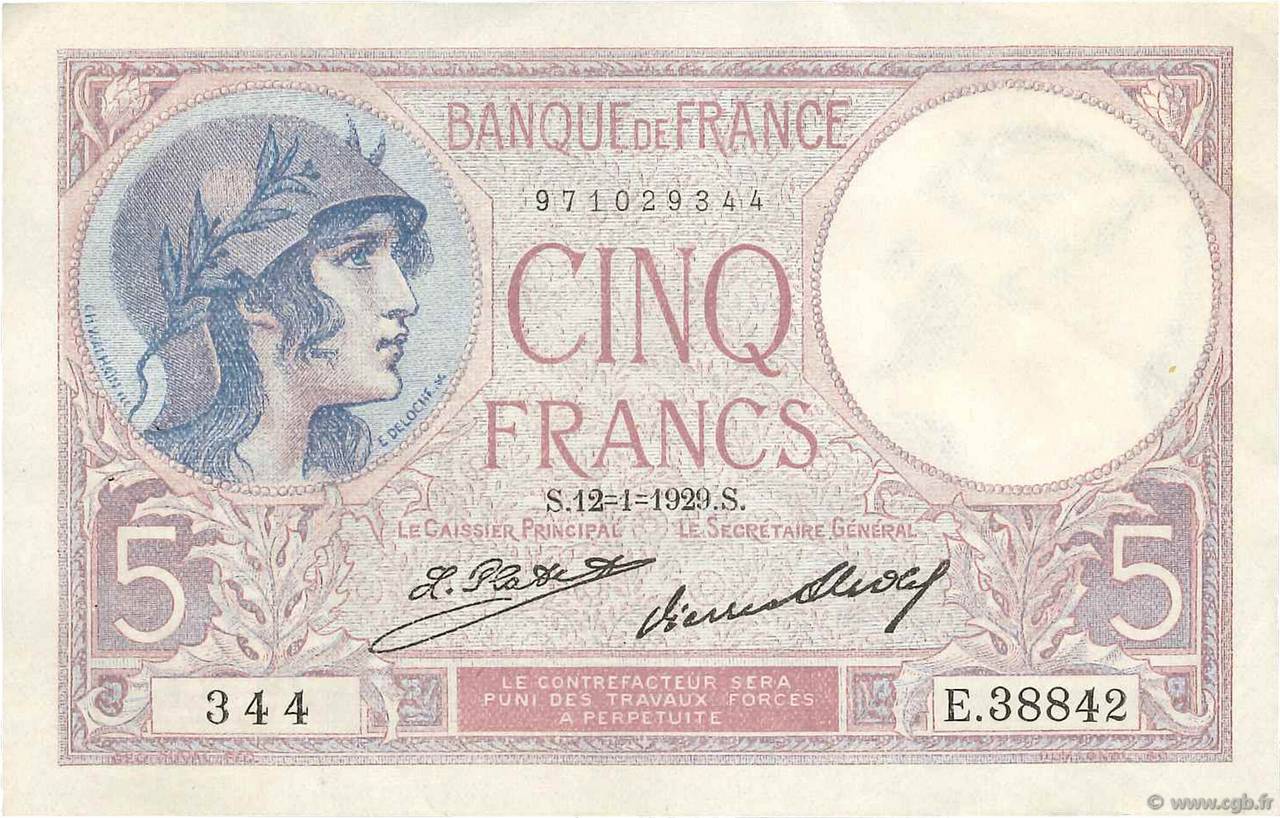 5 Francs FEMME CASQUÉE FRANCE  1929 F.03.13 VF+