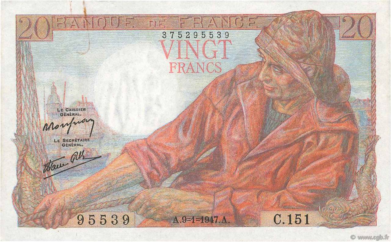 20 Francs PÊCHEUR FRANCIA  1947 F.13.11 MBC+