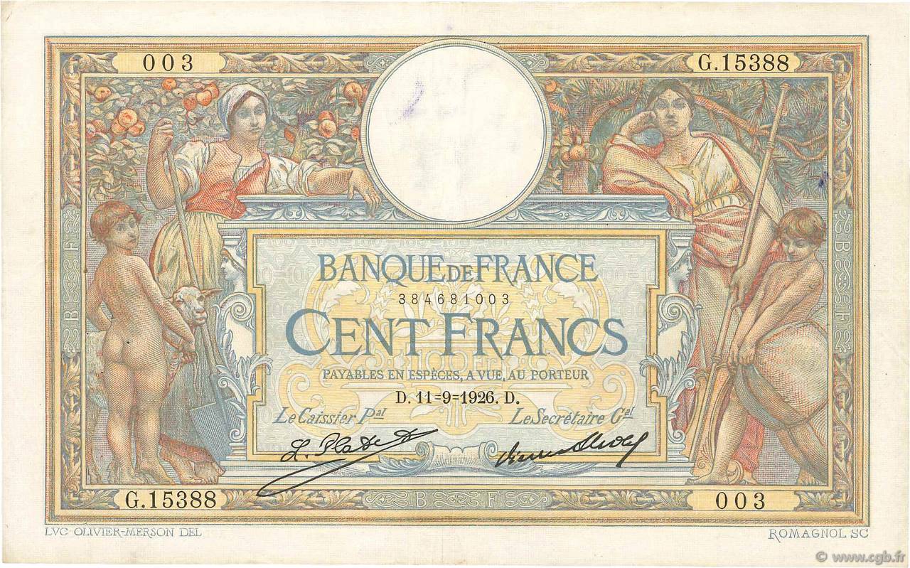 100 Francs LUC OLIVIER MERSON grands cartouches FRANCIA  1926 F.24.05 q.BB