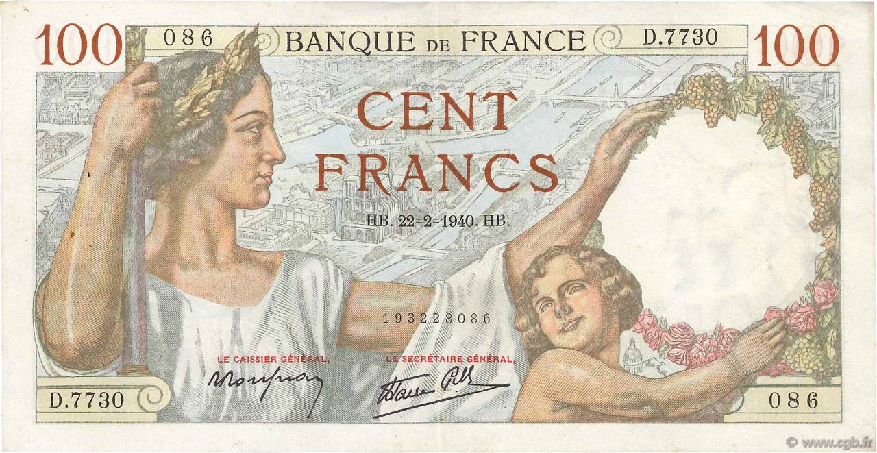 100 Francs SULLY FRANCE  1940 F.26.23 VF+