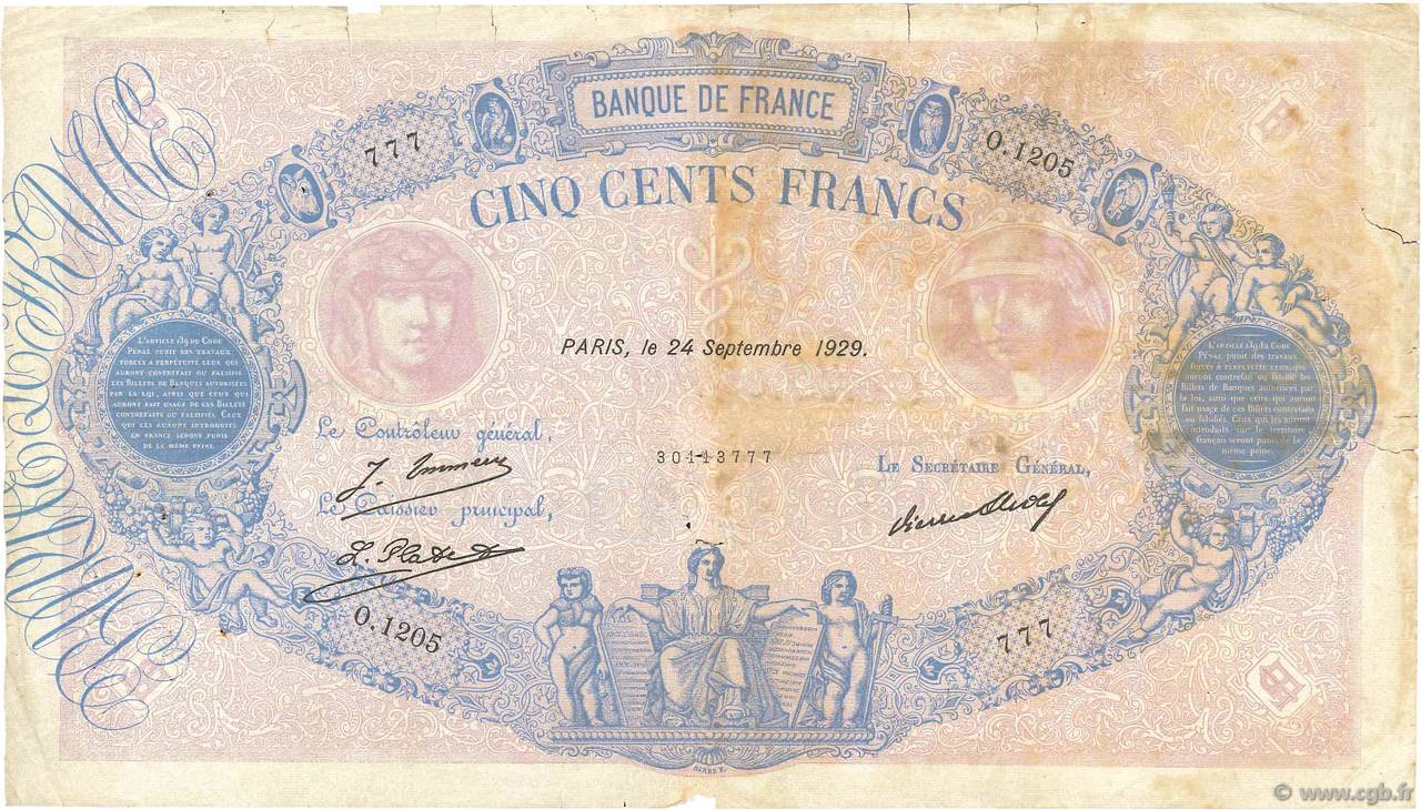 500 Francs BLEU ET ROSE FRANCIA  1929 F.30.32 B