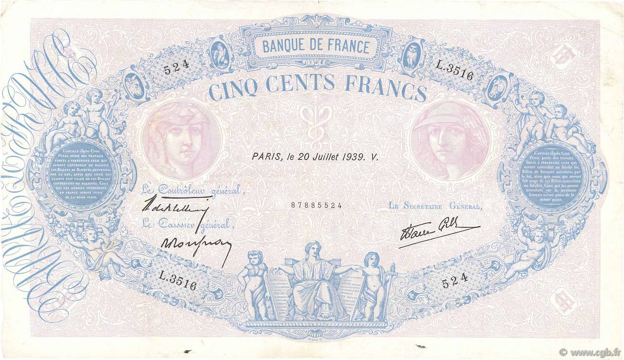 500 Francs BLEU ET ROSE modifié FRANCE  1939 F.31.37 TTB