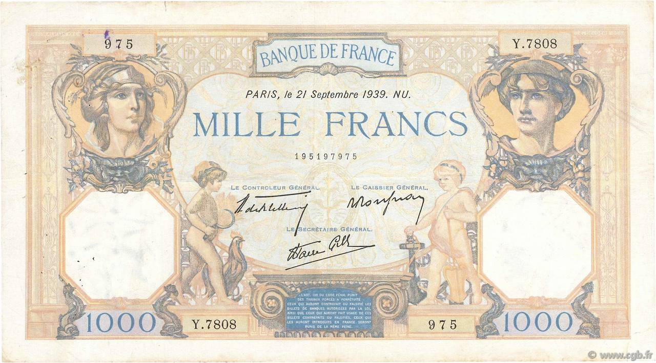 1000 Francs CÉRÈS ET MERCURE type modifié FRANKREICH  1939 F.38.37 fSS
