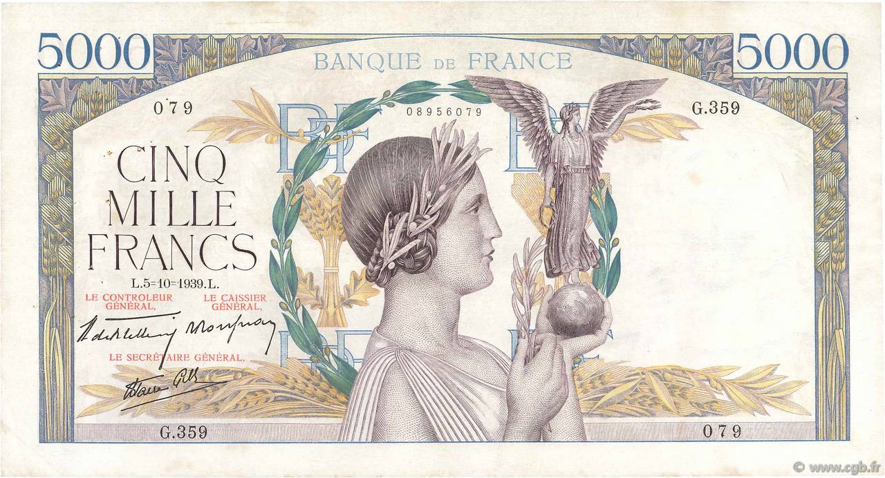 5000 Francs VICTOIRE Impression à plat FRANKREICH  1939 F.46.13 SS