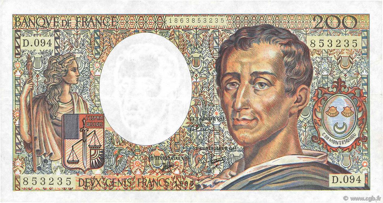 200 Francs MONTESQUIEU FRANKREICH  1990 F.70.10b SS