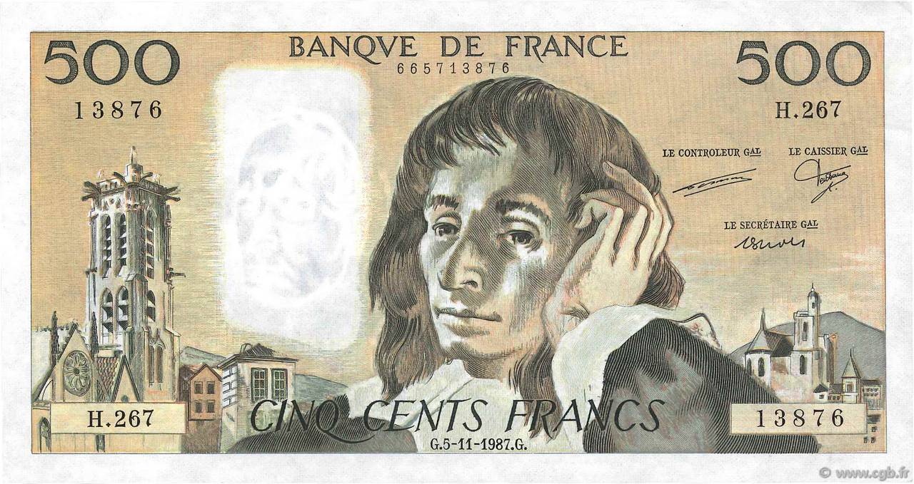 500 Francs PASCAL FRANCE  1987 F.71.37 VF+