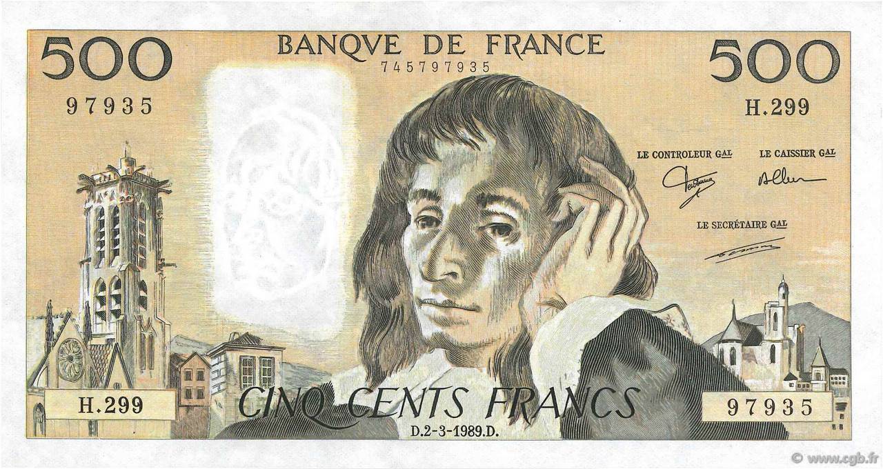 500 Francs PASCAL FRANCE  1989 F.71.41 XF-