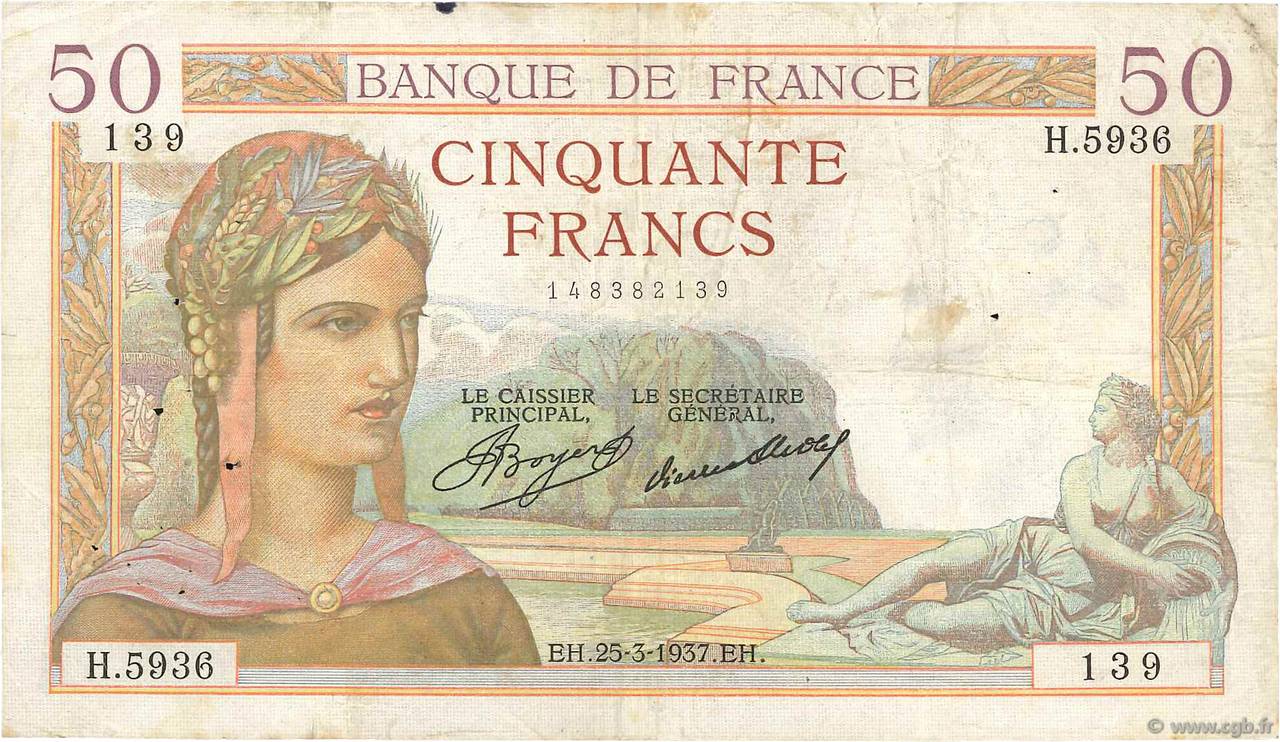 50 Francs CÉRÈS FRANCIA  1937 F.17.36 BC