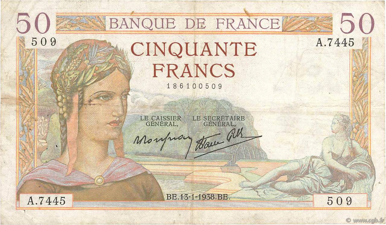 50 Francs CÉRÈS modifié FRANCE  1938 F.18.07 TB