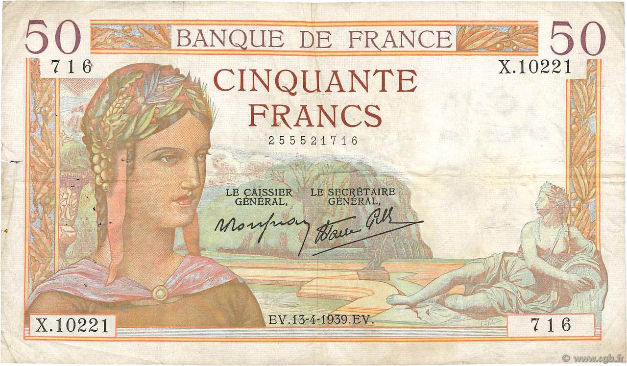 50 Francs CÉRÈS modifié FRANCIA  1939 F.18.25 MB