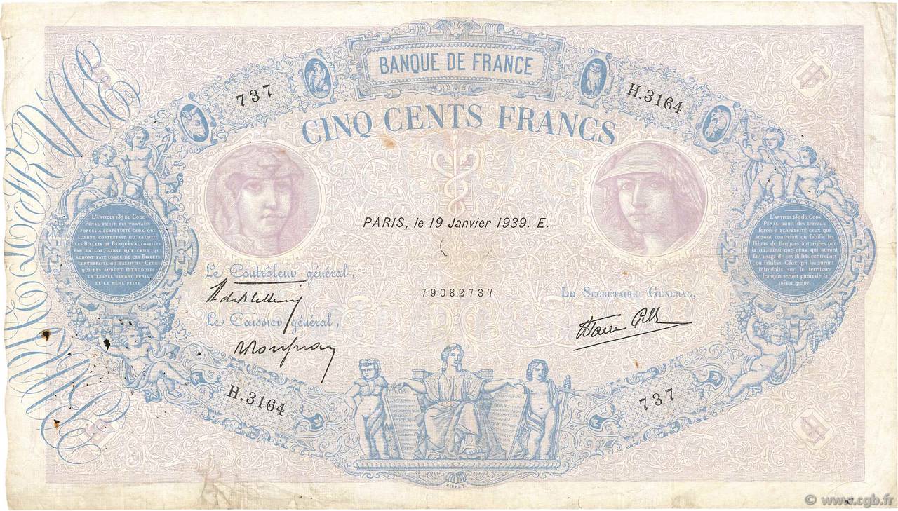 500 Francs BLEU ET ROSE modifié FRANCE  1939 F.31.23 VG