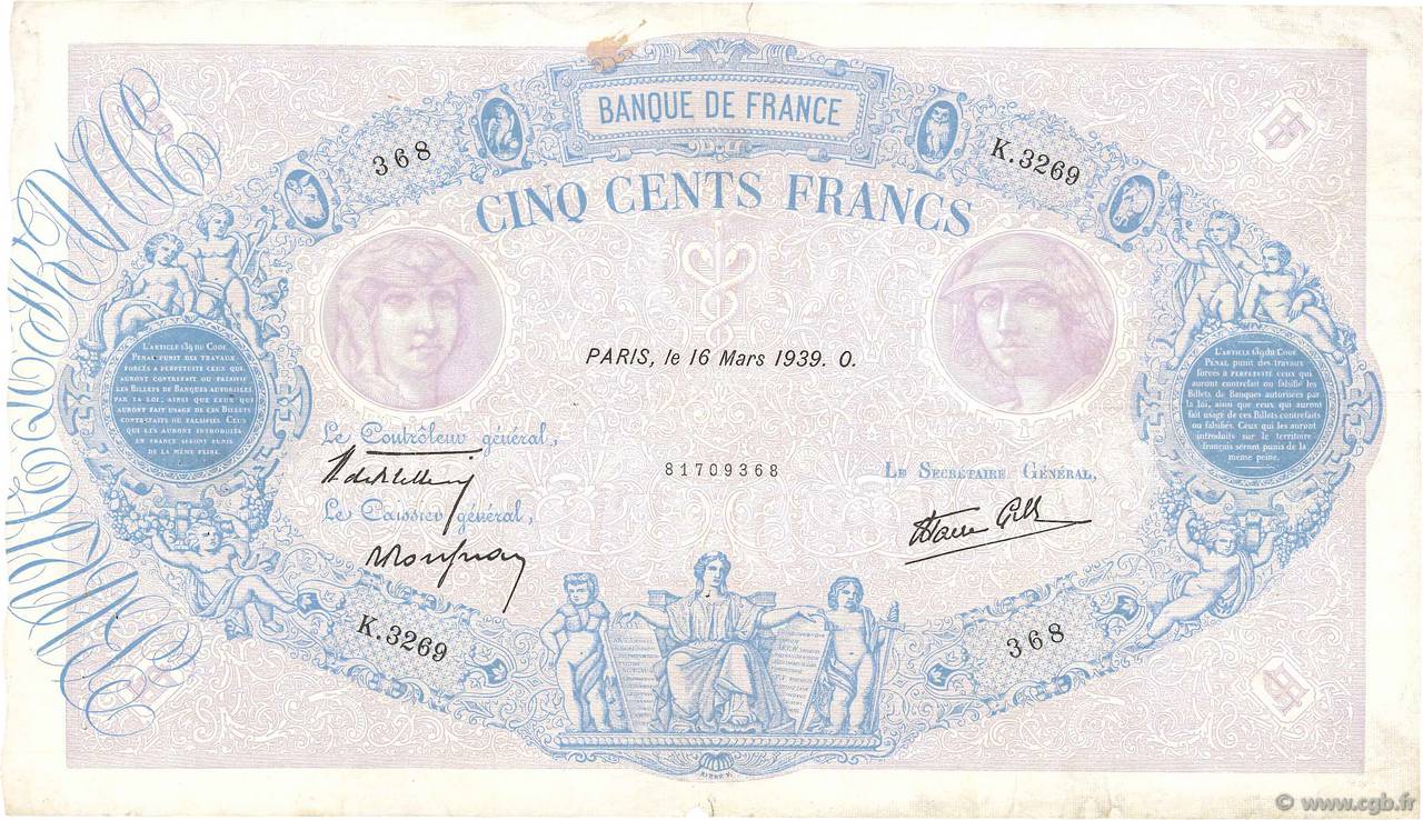 500 Francs BLEU ET ROSE modifié FRANCE  1939 F.31.27 pr.TTB