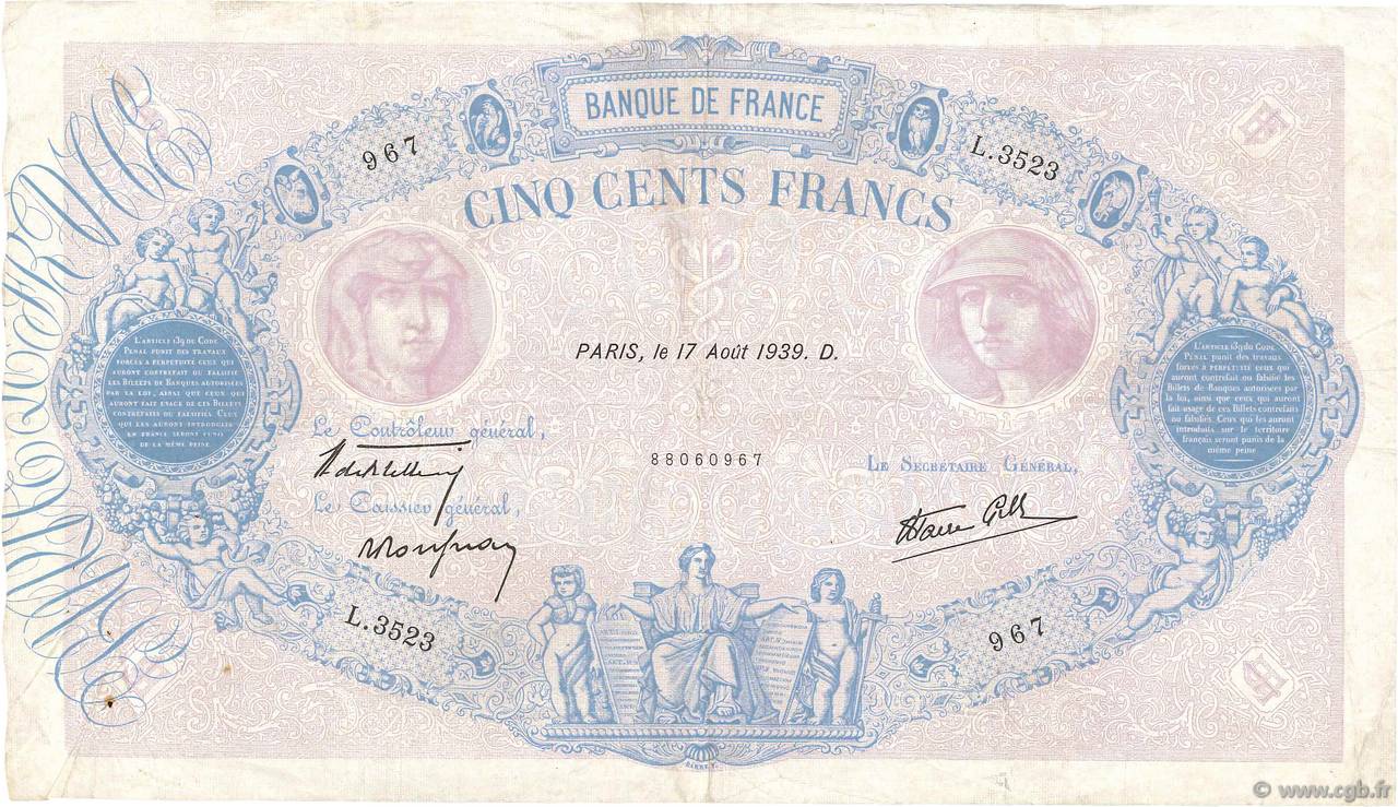 500 Francs BLEU ET ROSE modifié FRANCIA  1939 F.31.38 MBC