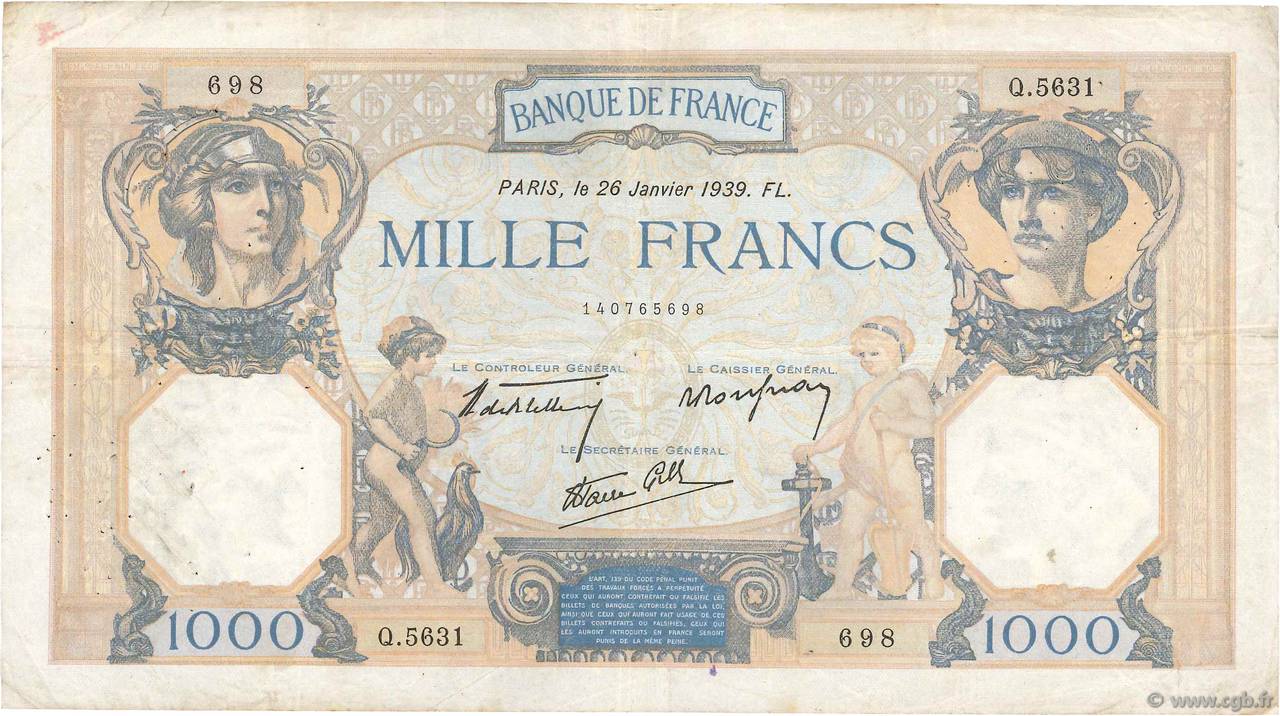 1000 Francs CÉRÈS ET MERCURE type modifié FRANKREICH  1939 F.38.33 S