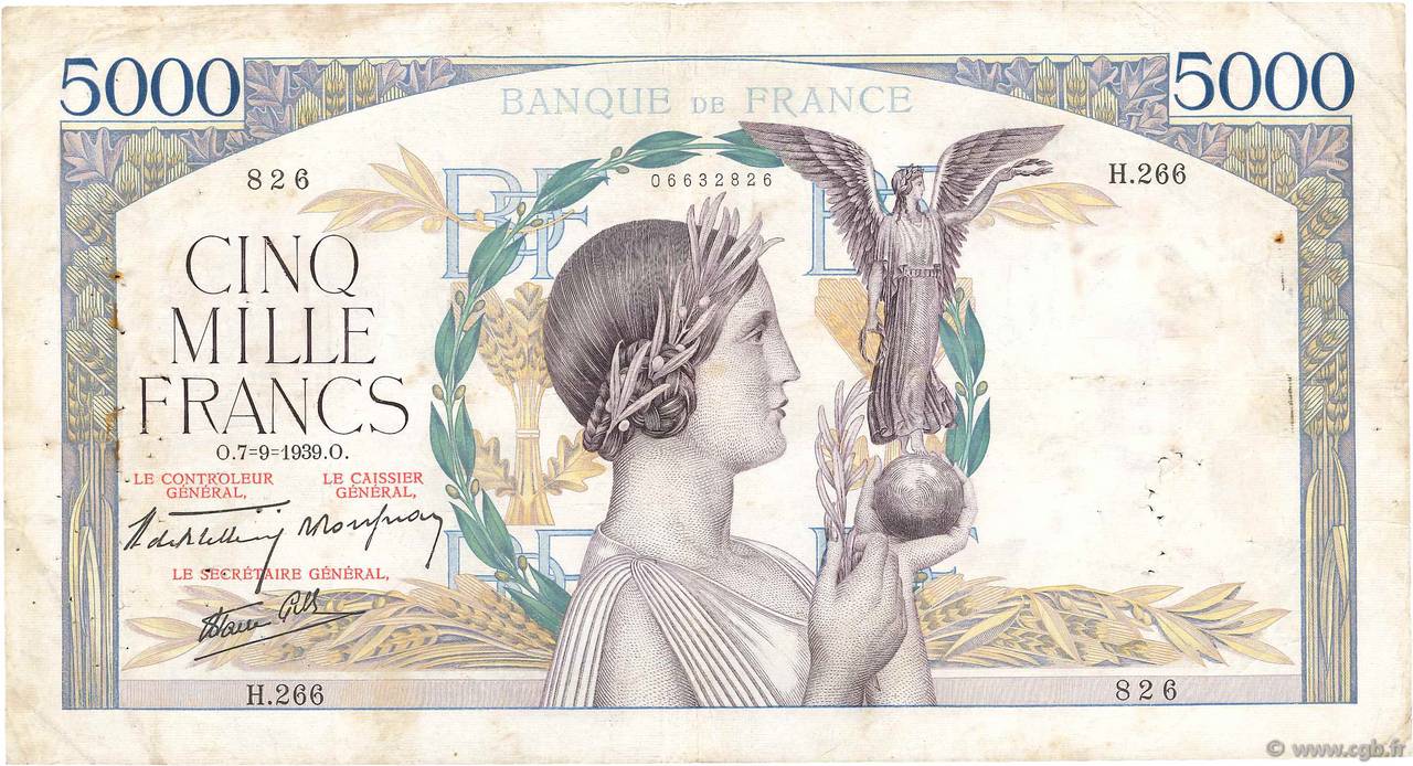 5000 Francs VICTOIRE Impression à plat FRANKREICH  1939 F.46.09 S