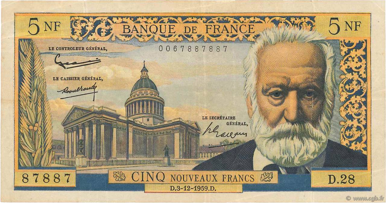 5 Nouveaux Francs VICTOR HUGO FRANCIA  1959 F.56.04 BB