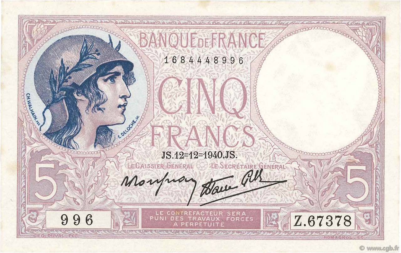 5 Francs FEMME CASQUÉE modifié FRANCIA  1940 F.04.17 EBC+