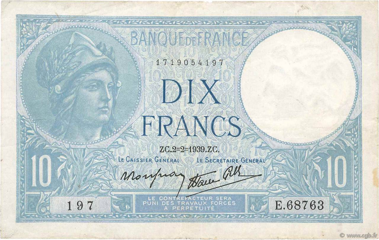 10 Francs MINERVE modifié FRANCIA  1939 F.07.01 q.BB