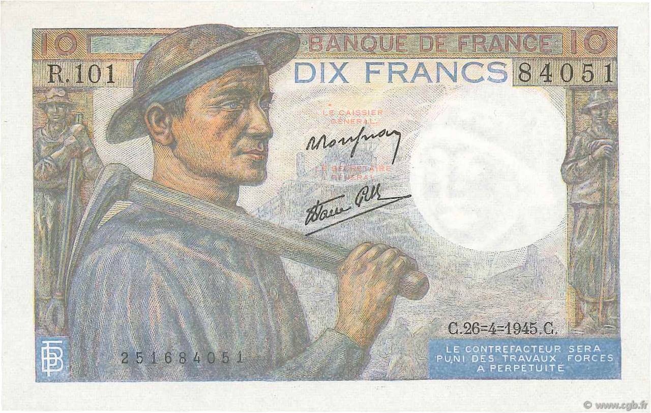 10 Francs MINEUR FRANCE  1945 F.08.14 UNC-