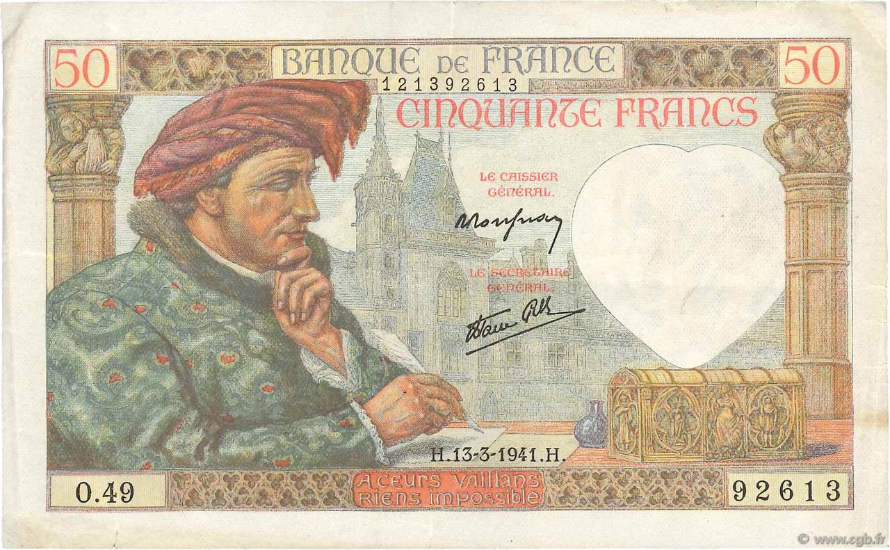 50 Francs JACQUES CŒUR FRANCE  1941 F.19.07 VF-