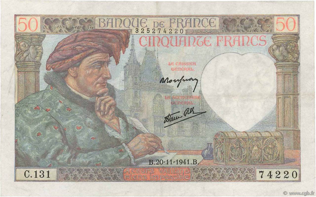50 Francs JACQUES CŒUR FRANKREICH  1941 F.19.16 SS