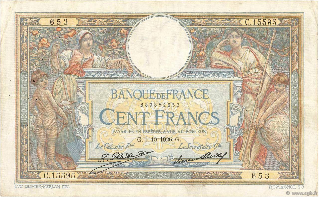 100 Francs LUC OLIVIER MERSON grands cartouches FRANCE  1926 F.24.05 F+