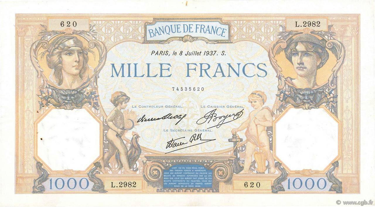 1000 Francs CÉRÈS ET MERCURE type modifié FRANKREICH  1937 F.38.01 fVZ