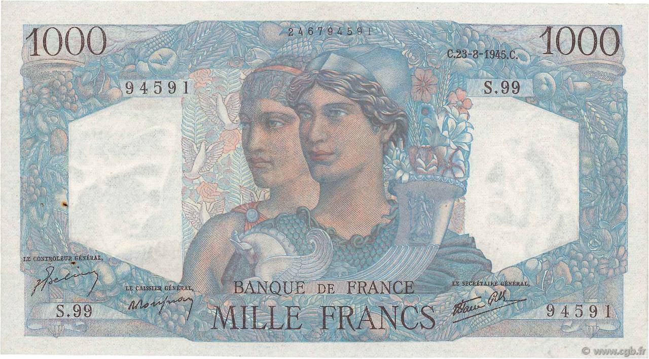 1000 Francs MINERVE ET HERCULE FRANCE  1945 F.41.07 AU-