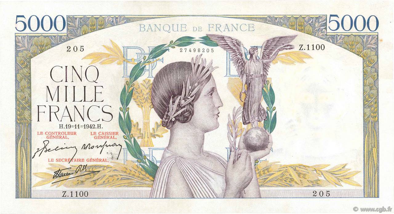 5000 Francs VICTOIRE Impression à plat FRANKREICH  1942 F.46.44 VZ+