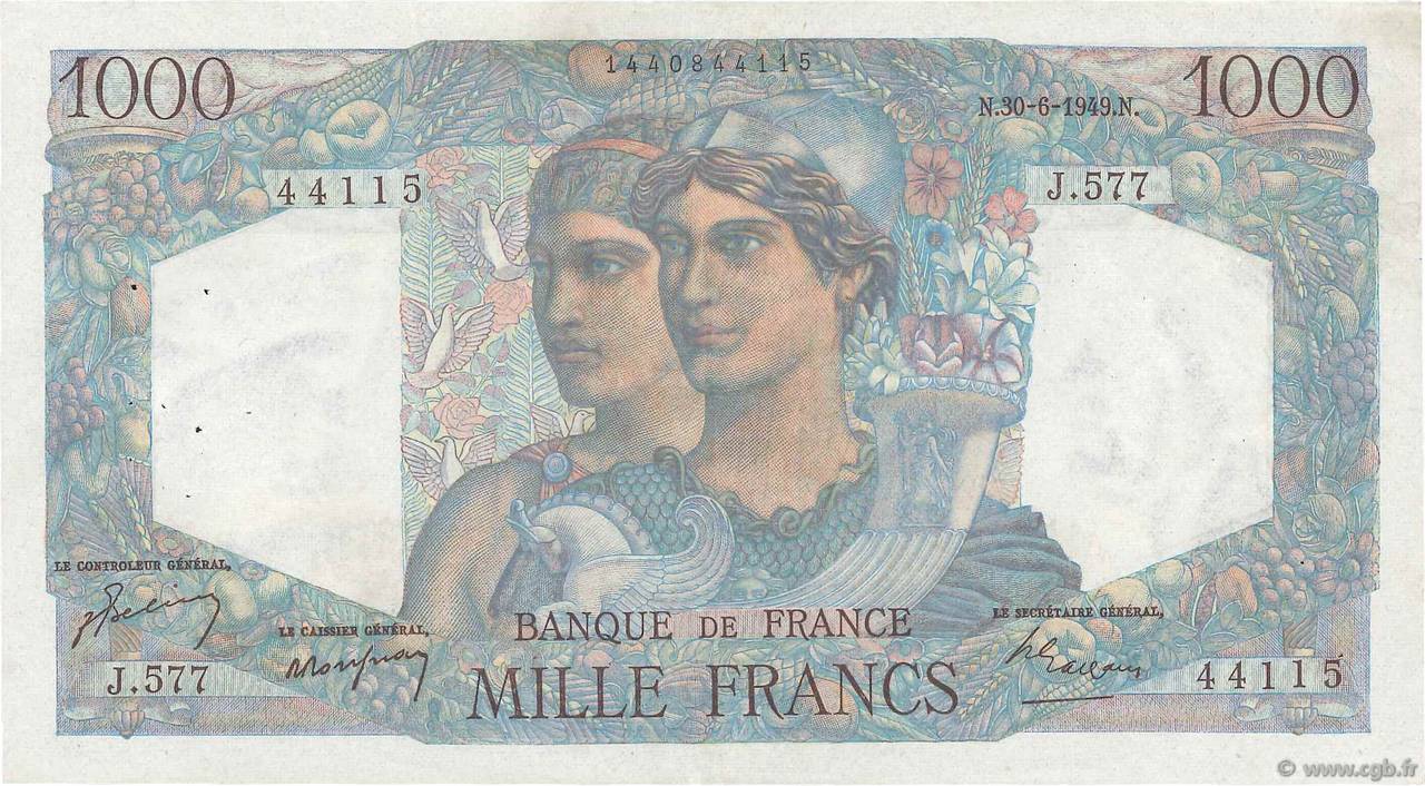 1000 Francs MINERVE ET HERCULE FRANCE  1949 F.41.27 XF-