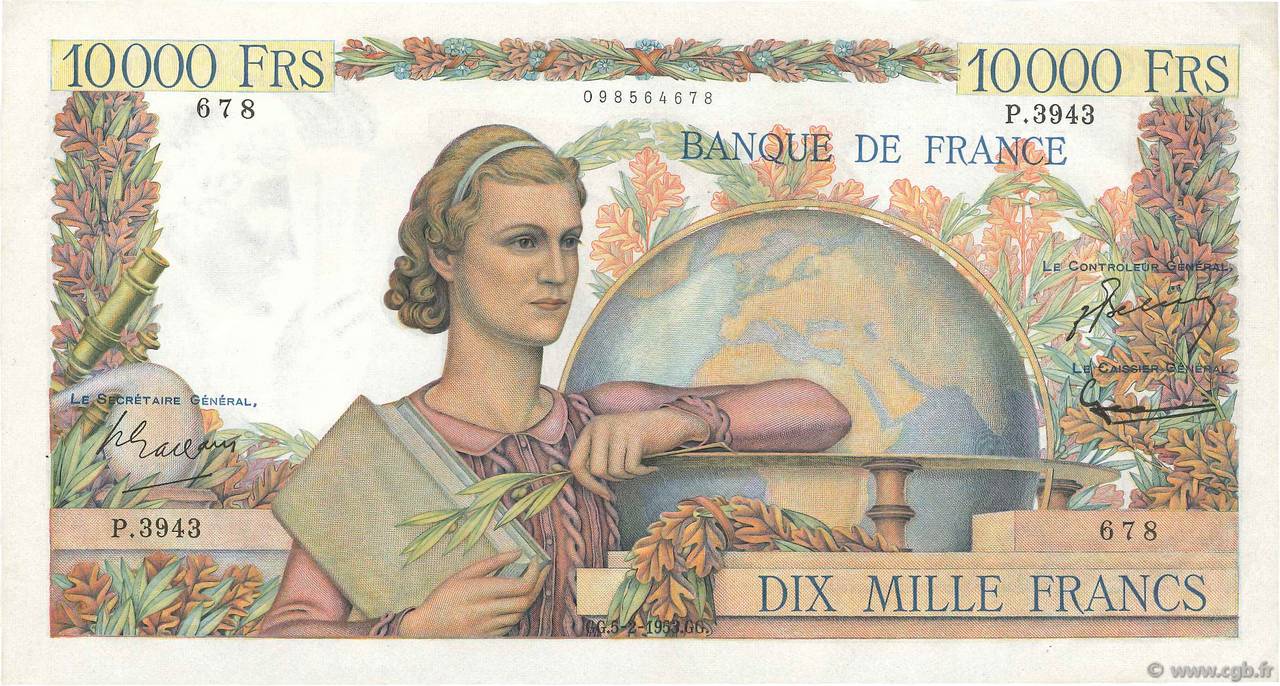 10000 Francs GÉNIE FRANÇAIS FRANKREICH  1953 F.50.63 VZ+