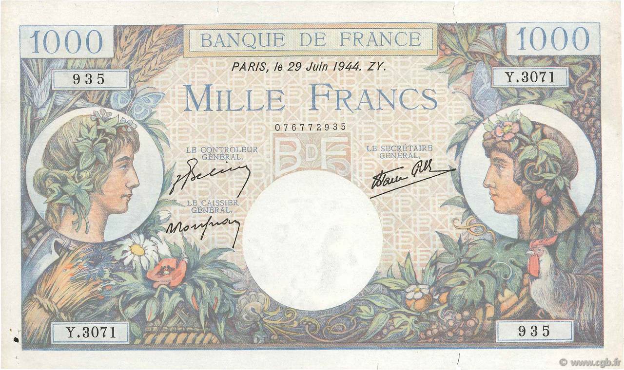 1000 Francs COMMERCE ET INDUSTRIE FRANCIA  1944 F.39.09 BC