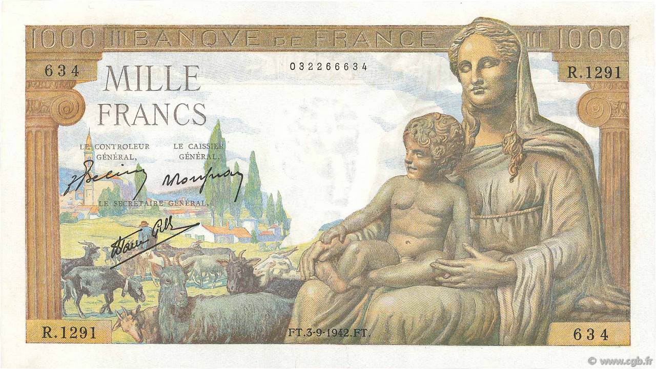 1000 Francs DÉESSE DÉMÉTER FRANCIA  1942 F.40.06 q.AU