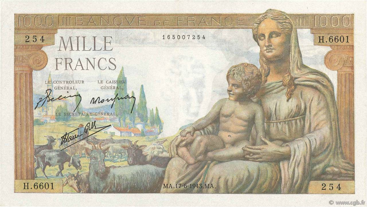1000 Francs DÉESSE DÉMÉTER FRANCE  1943 F.40.27 VF+
