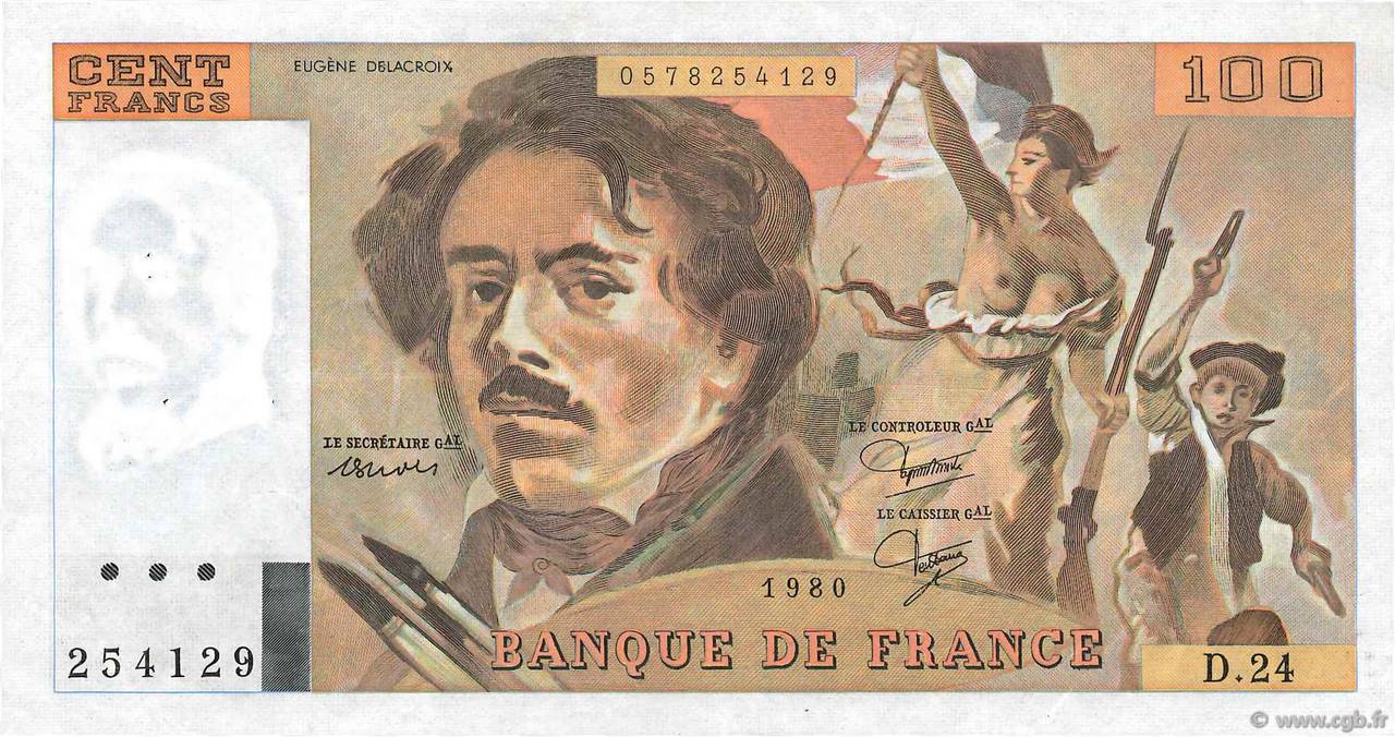 100 Francs DELACROIX modifié FRANCE  1980 F.69.04a VF+