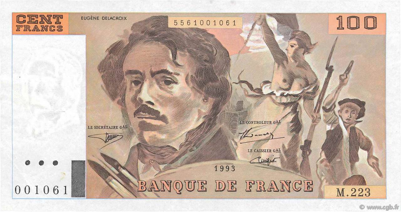 100 Francs DELACROIX  UNIFACE FRANCE  1995 F.69bisU.08 VF+