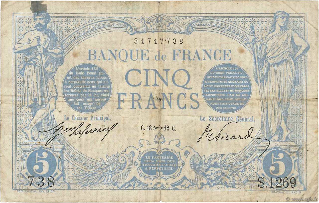 5 Francs BLEU FRANCIA  1912 F.02.11 RC