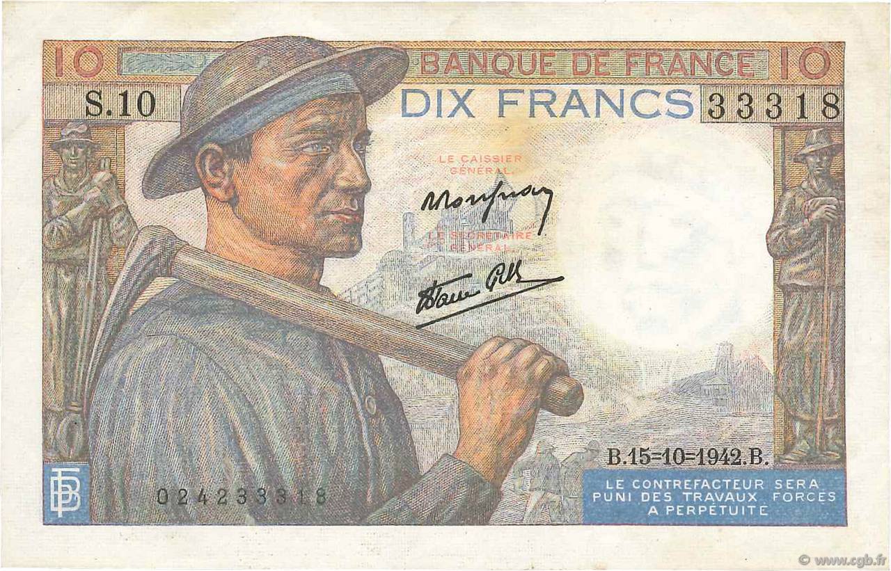 10 Francs MINEUR FRANCE  1942 F.08.04 XF-