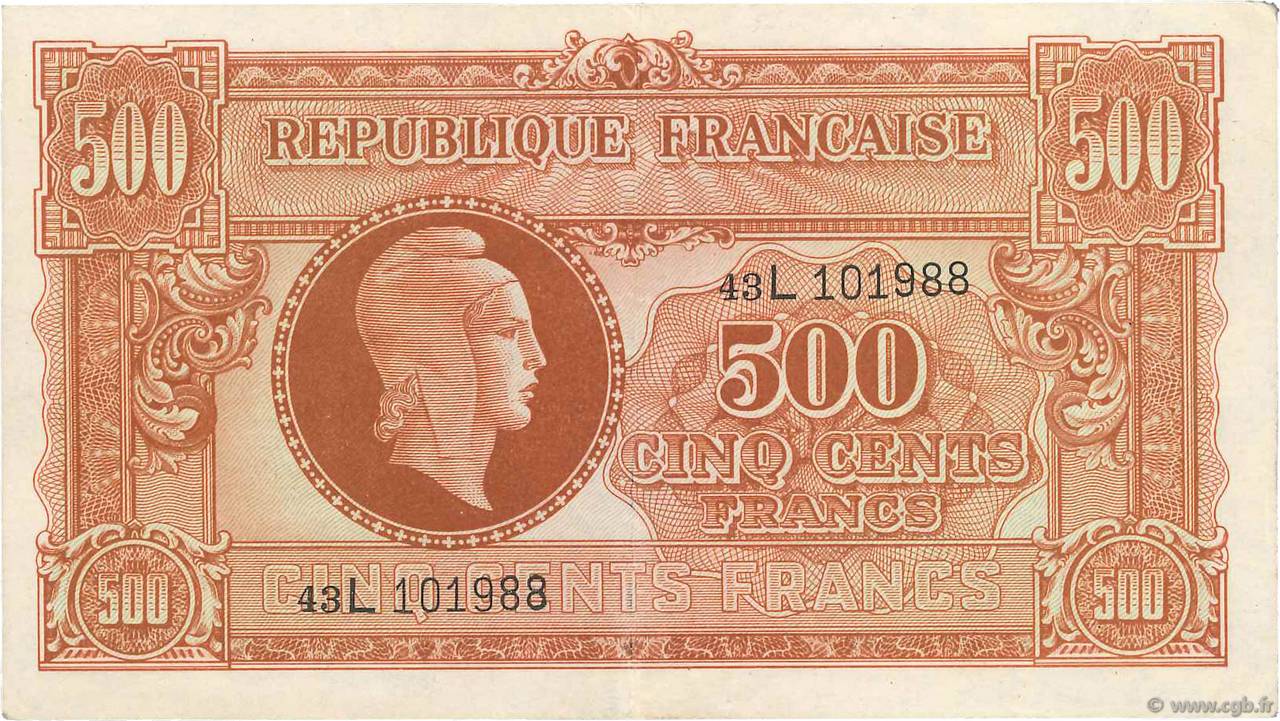 500 Francs MARIANNE fabrication anglaise FRANCIA  1945 VF.11.01 q.SPL