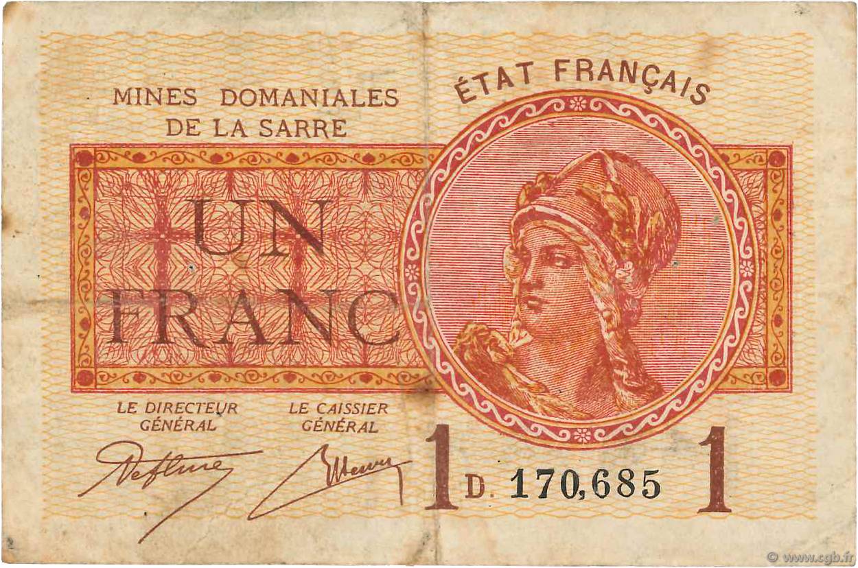 1 Franc MINES DOMANIALES DE LA SARRE FRANCE  1920 VF.51.04 F