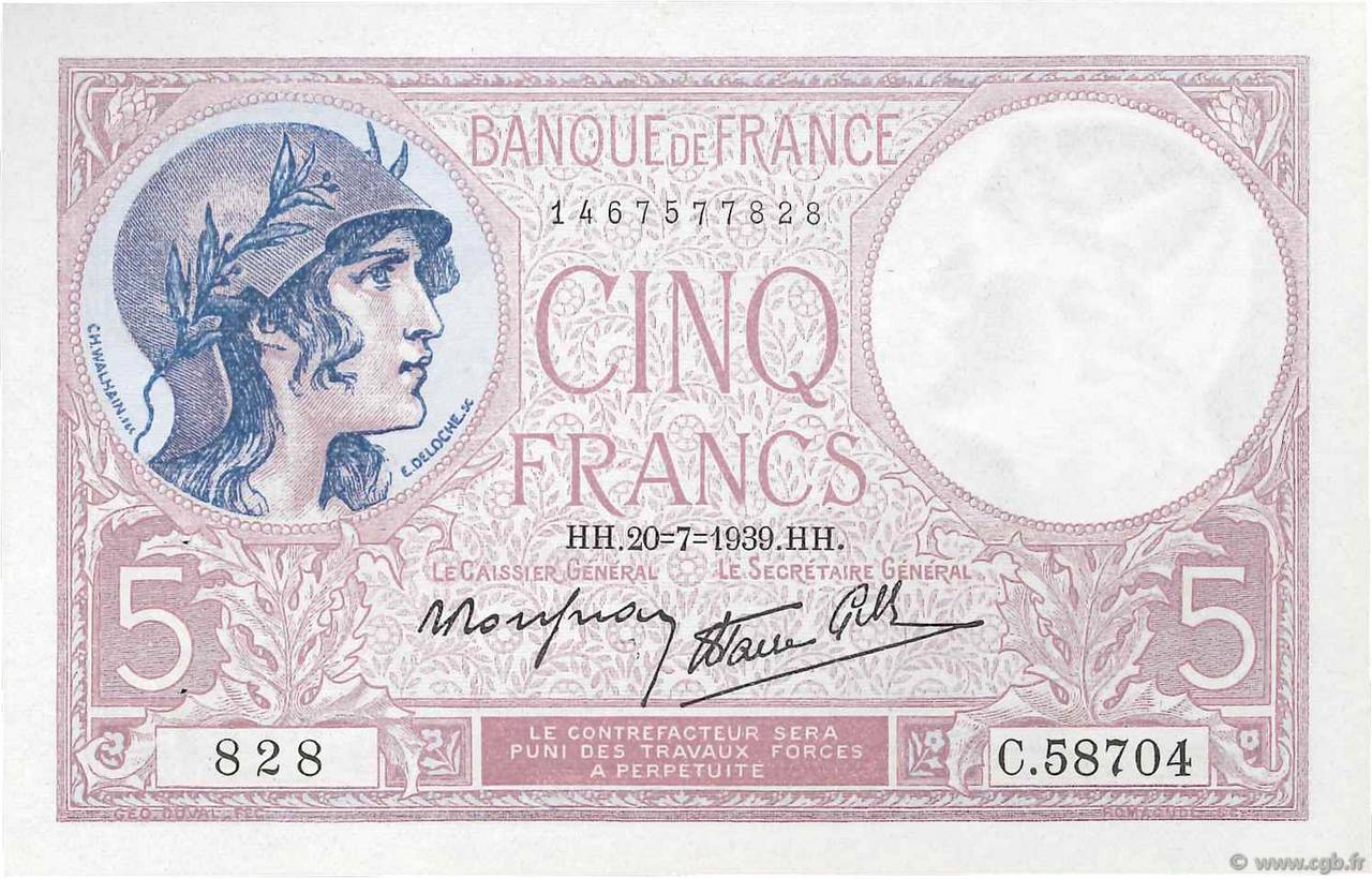 5 Francs FEMME CASQUÉE modifié FRANCE  1939 F.04.02 AU