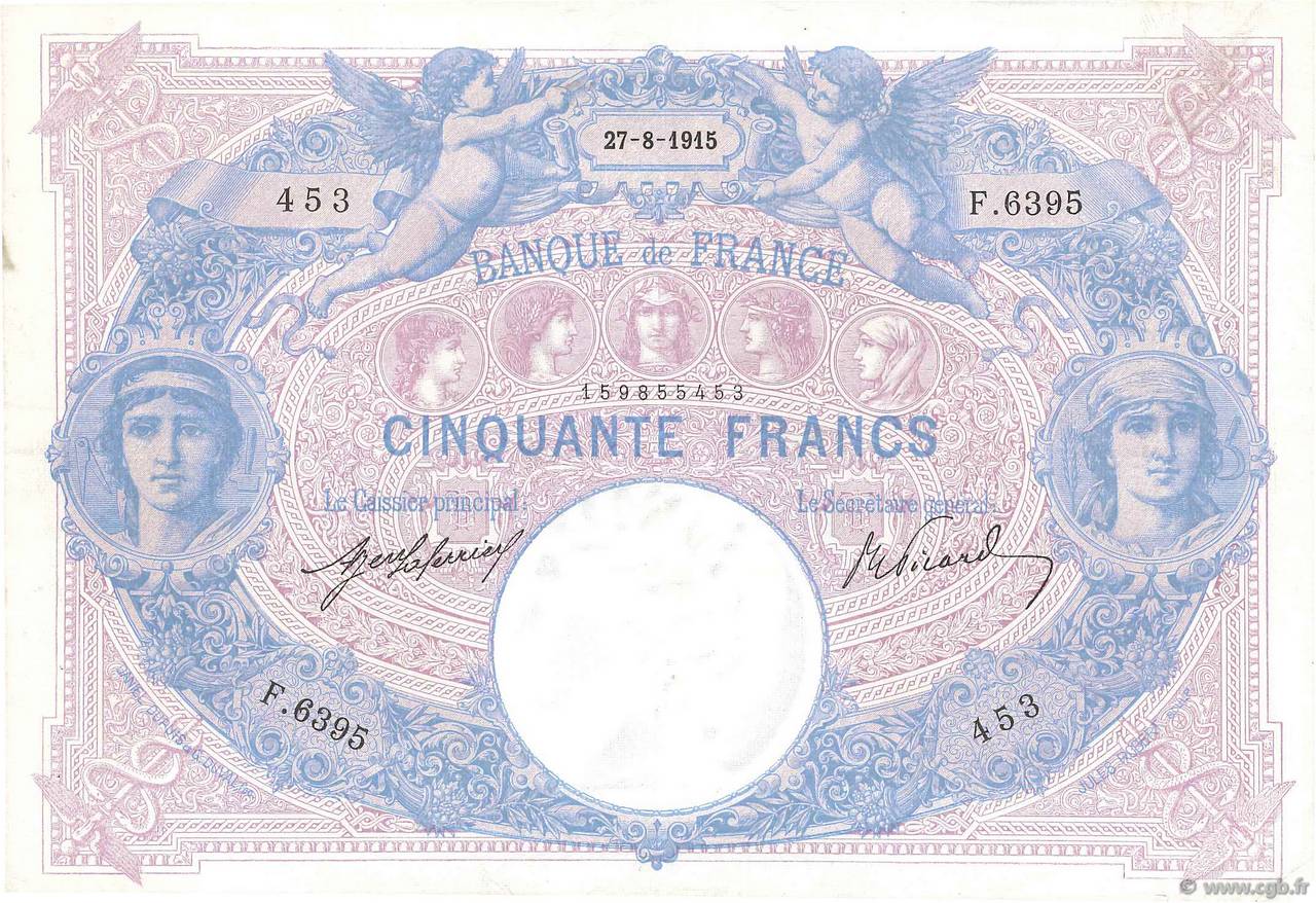 50 Francs BLEU ET ROSE FRANCE  1915 F.14.28 VF