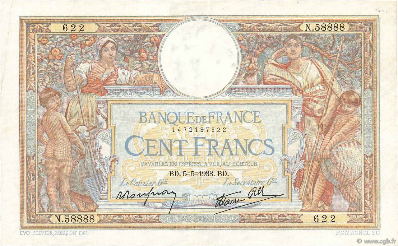 100 Francs LUC OLIVIER MERSON type modifié FRANCE  1938 F.25.17 VF