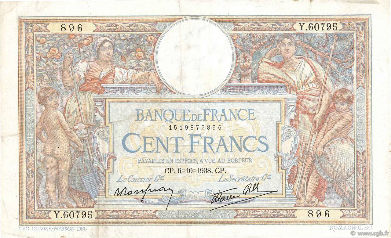 100 Francs LUC OLIVIER MERSON type modifié FRANCE  1938 F.25.30 VF-