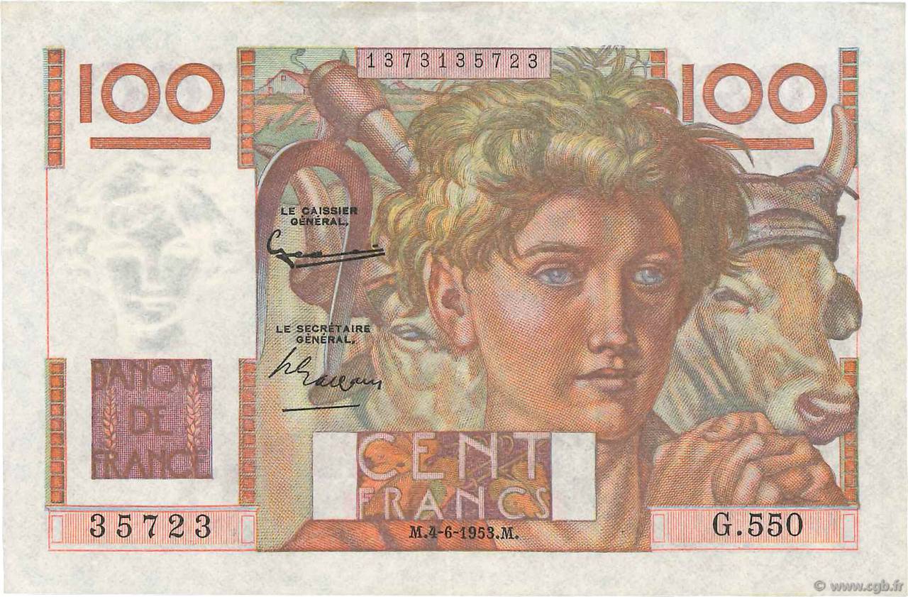 100 Francs JEUNE PAYSAN FRANCE  1953 F.28.37 pr.SPL