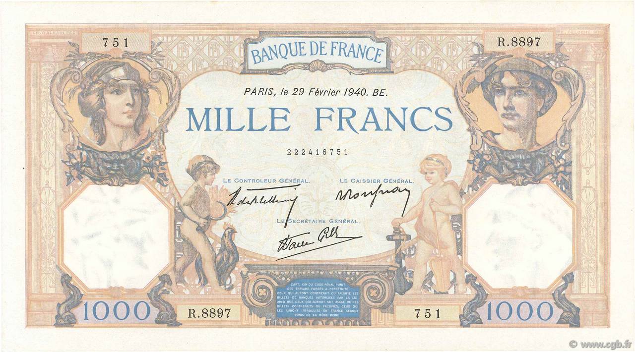 1000 Francs CÉRÈS ET MERCURE type modifié FRANCE  1940 F.38.43 XF+